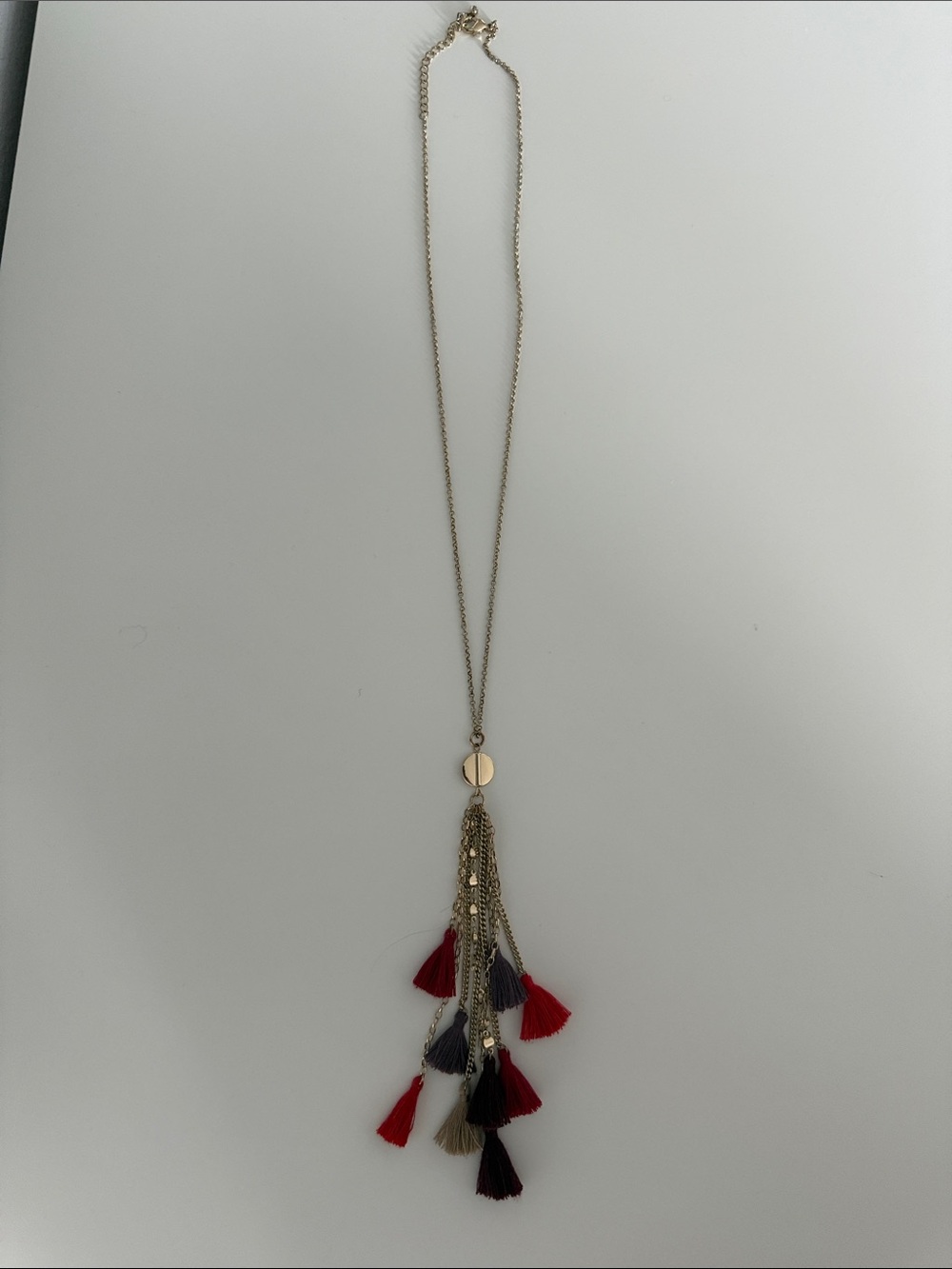 Gold-Tone Tassel Pendant Necklace in Red, Purple, Burgundy Tassels